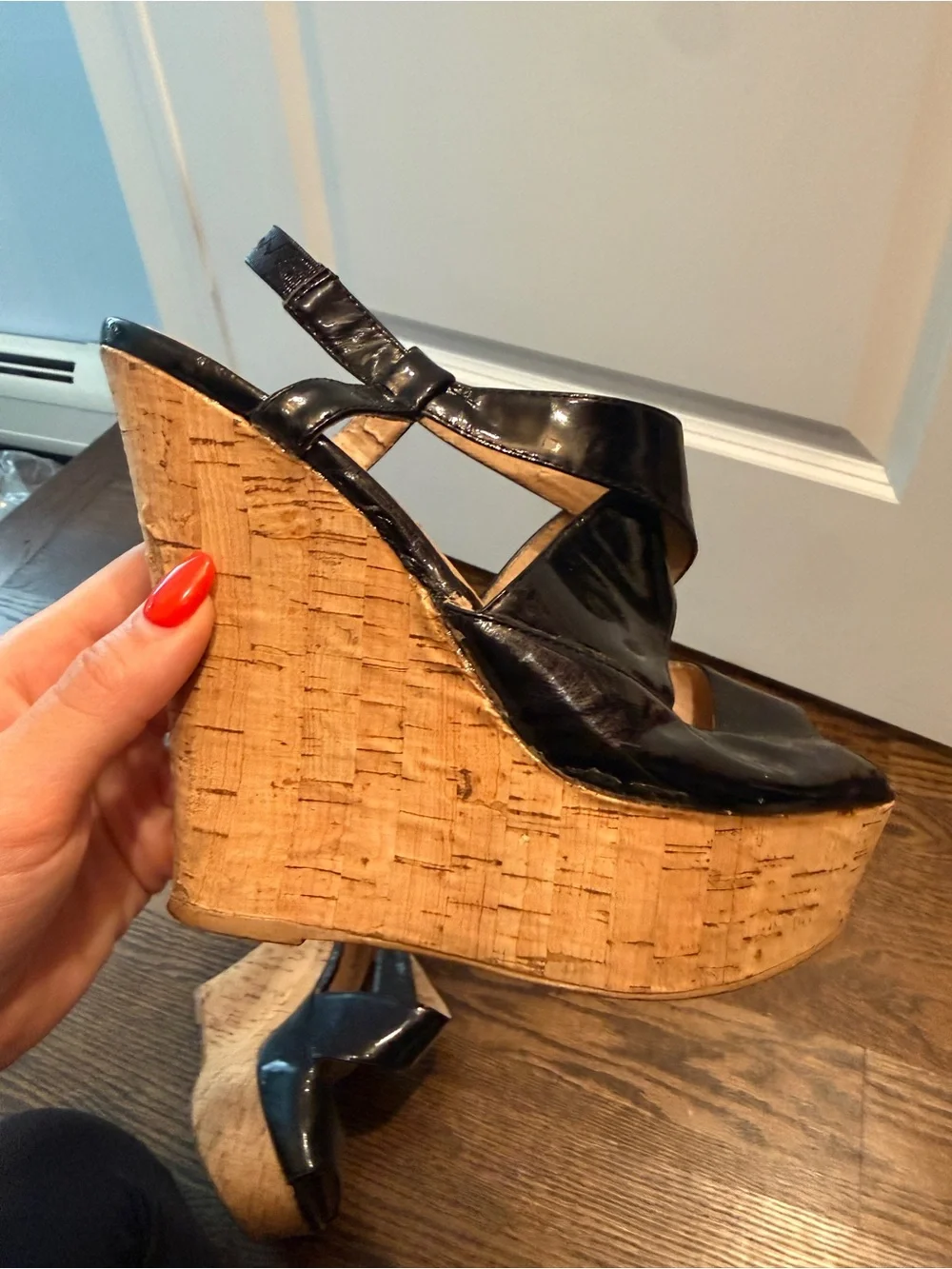Steve Madden Black Patent Cork Wedge Sandals - Crisscross Slingback